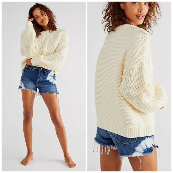 NEW Free People Dream Cable Crewneck Sweater In Cream - Picture 3 of 8
